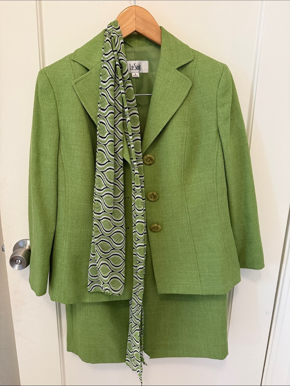 Vintage Le Suit Bright Green Two-Piece Skirt Suit with Patterned Scarf